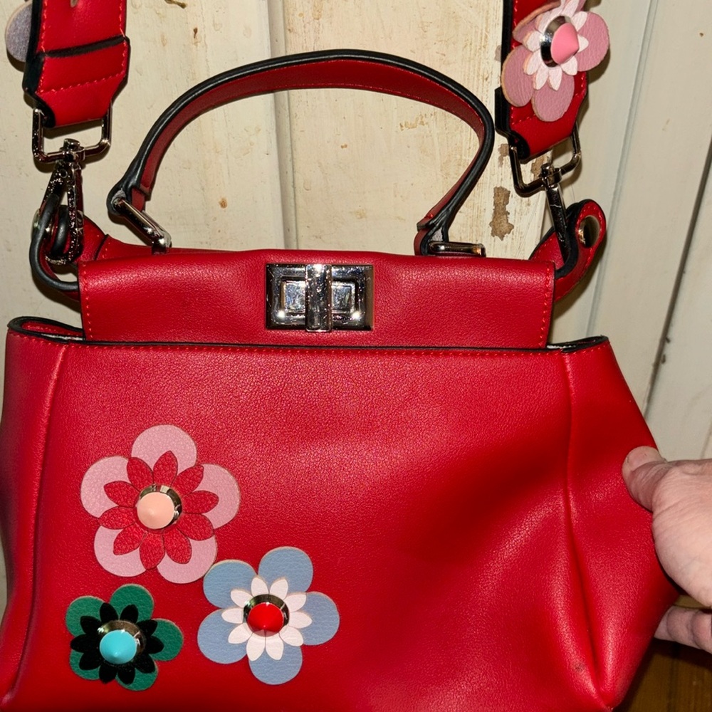 Ladies red with multi colored flowered strap